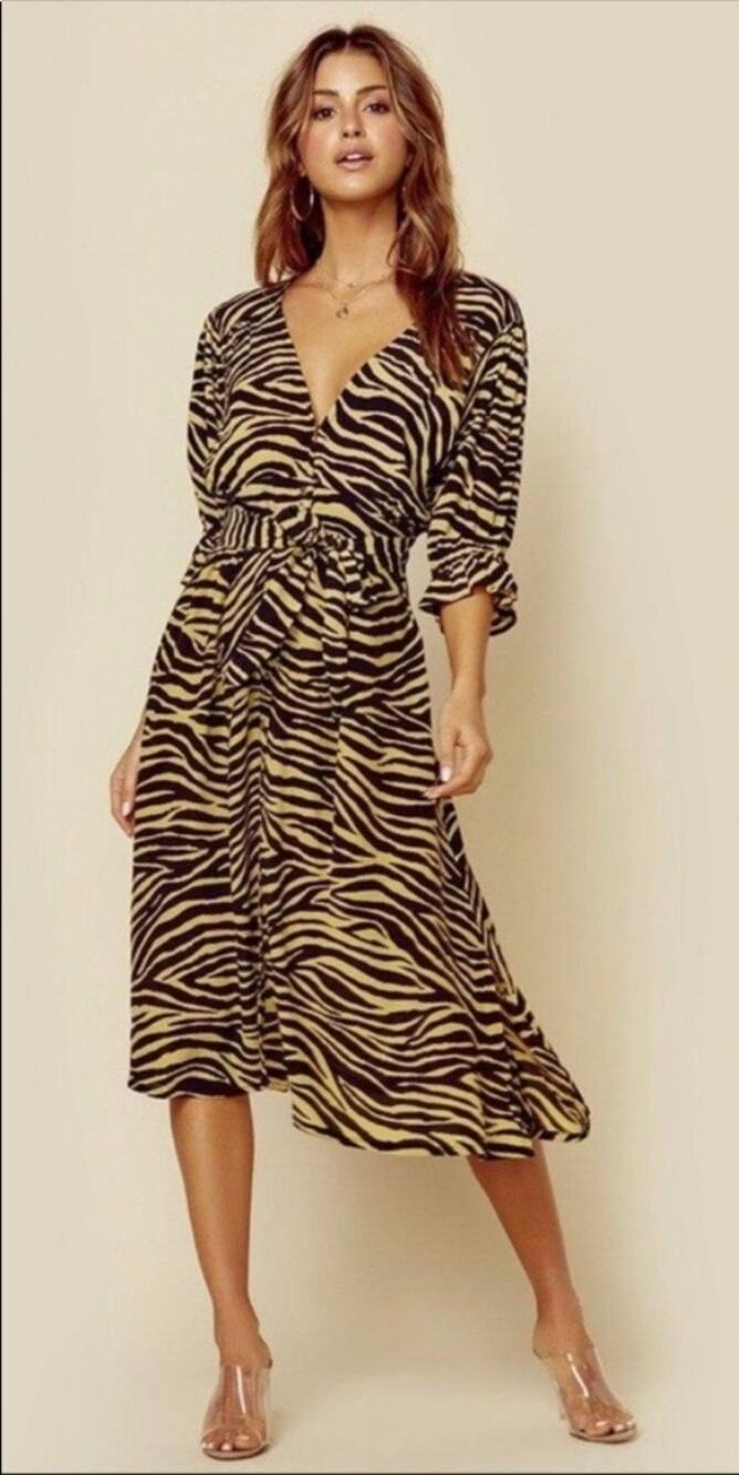 Faithfull The Brand Rafa Midi Amaia Zebra Dress Tan Yellow Dress NEW 4 / SMALL